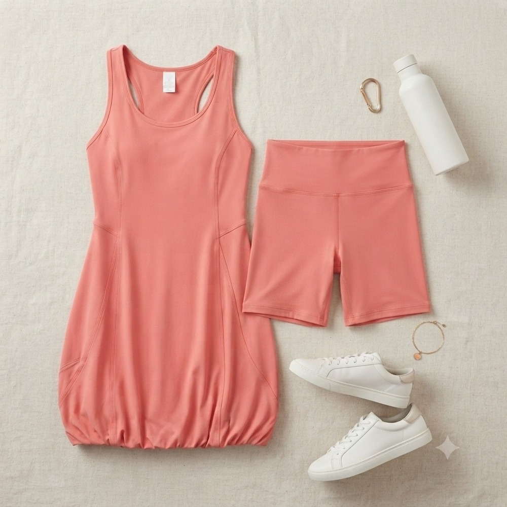 Free People Hot Shot Mini Dress Womens M Neon Coral Bubble Hem Active Set Sporty